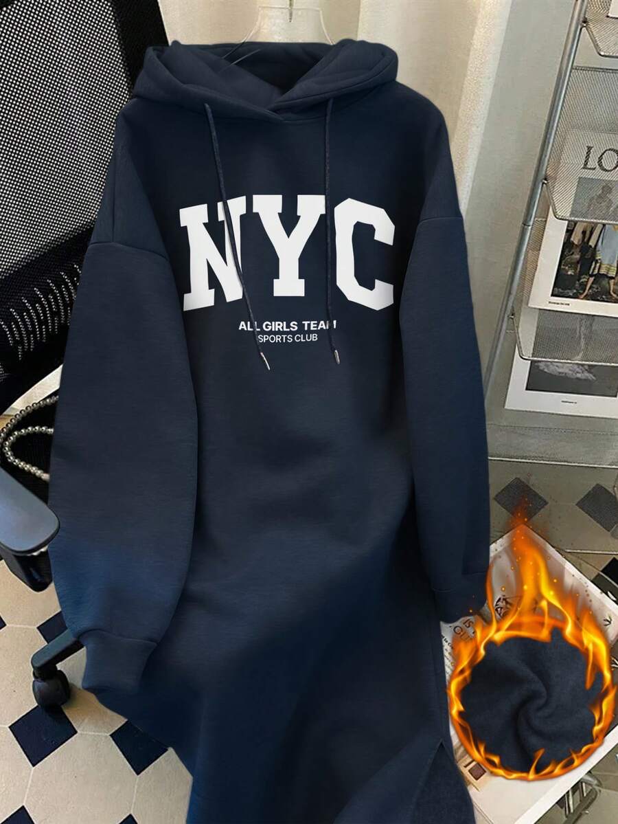 Resyla 女式羊毛连帽连衣裙，配有抽绳和纽约 NYC 字母印花，长袖运动衫图案套装