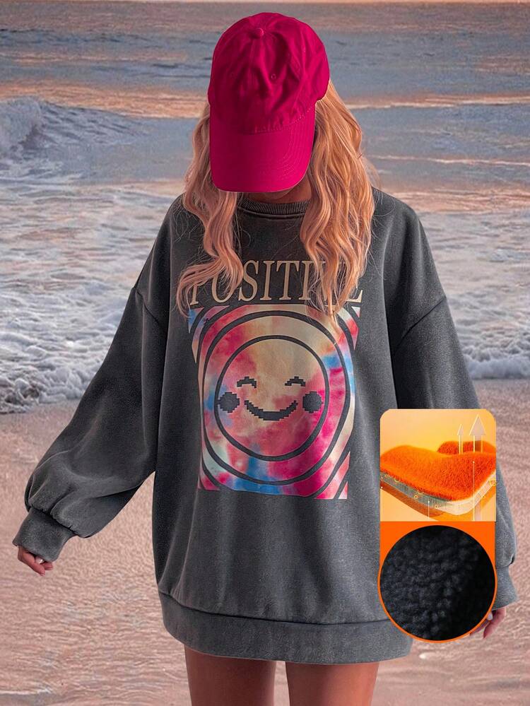 Women's Loose Casual Street Letter Print Fleece Sweatshirt, Autumn/Winter