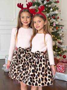 Emery Rose Kids Emery Rose Kids 青少年女孩罗纹饰边拼色复古豹纹 A 字裙，腰部系带蝴蝶结，适合年轻女孩，优雅休闲通勤，非常适合春秋季休闲日常穿着和上学日常，妈妈和女儿搭配，姐妹和我搭配 - 杏色 - 查看 3