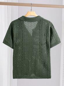 Manfinity Homme Blusa de malha casual masculina de cor sólida e manga curta com decote em V - Verde escuro - Ver 2