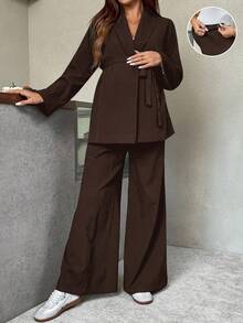 SHEIN 2pcs Maternity Casual Commuter Solid Color Shirt And Pants Set, Autumn Wide Leg Pants Set Brown Set Women Pants Suits For Woman Maternity Clothes Two Piece Suits Pants Suit - Coffee Brown - View 8