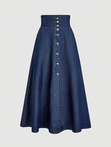 Sweetra 女式休闲单排扣牛仔迷你裙 - 藍色 - 查看 1