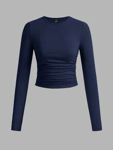 SHEIN EZwear 3件套女士休闲纯色圆领褶皱长袖T恤，涤纶材质，秋冬款 - 彩色 - 查看 3