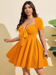 Flirla 大码女式性感前系带短袖紧身连衣裙，夏季 - 黃色 - 查看 2