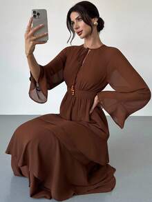 Firerie 女士优雅浪漫度假波西米亚风日常褶皱荷叶边串珠领带雪纺透明长袖高腰棕色长裙 - 棕色 - 查看 8