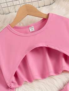 SHEIN Conjunto de niña preadolescente con chaqueta corta minimalista de cuello redondo y manga larga con Top y pantalones