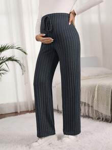 SHEIN Maternity Solid Color Adjustable Waist Ribbed Straight Loose Casual Pants Fall - Dark Grey - View 6