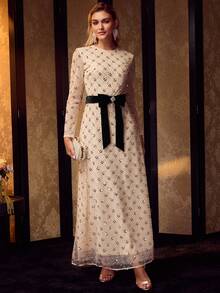 MOTF Soiréza 女式网眼亮片网眼覆盖蝴蝶结腰部正式鸡尾酒会礼服 - 香檳色 - 查看 5