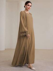 Graceveil Bộ 2 váy dài truyền thống dành cho nữ và áo khoác Abaya khiêm tốn - Màu Khaki - Xem 6