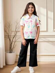 SHEIN 2 件套青少年女孩彩色蝴蝶结荷叶边短袖白衬衫 + 紫色宽松阔腿裤，休闲日常和节日装，夏季 - 彩色 - 查看 5