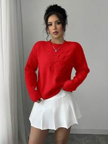 Elenzga Women's Crew Neck Floral Pattern Solid Color Pullover Sweater - Red - View 5