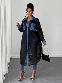 Maweii Plus Size Autumn Fashion Commuter Color Block Lace Patchwork Shirt - Black - View 5