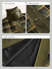 Anewsta Women's Elegant Classic Vintage Plaid Patchwork PU Leather High Collar Long Loose Wool Coat, Suitable For Halloween, Christmas, Fashion - Green - View 5