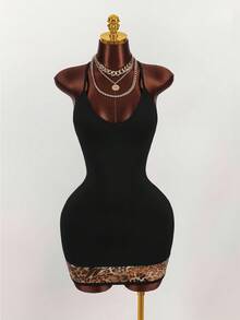 Amplova 别致豹纹网眼拼布细肩带甜心胸围交叉后背性感迷你紧身连衣裙 - 黑色 - 查看 3