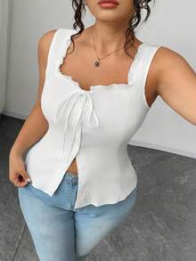 Elenzga Plus Size Casual Solid Color Front-Button Cami Top, Summer - White - View 4