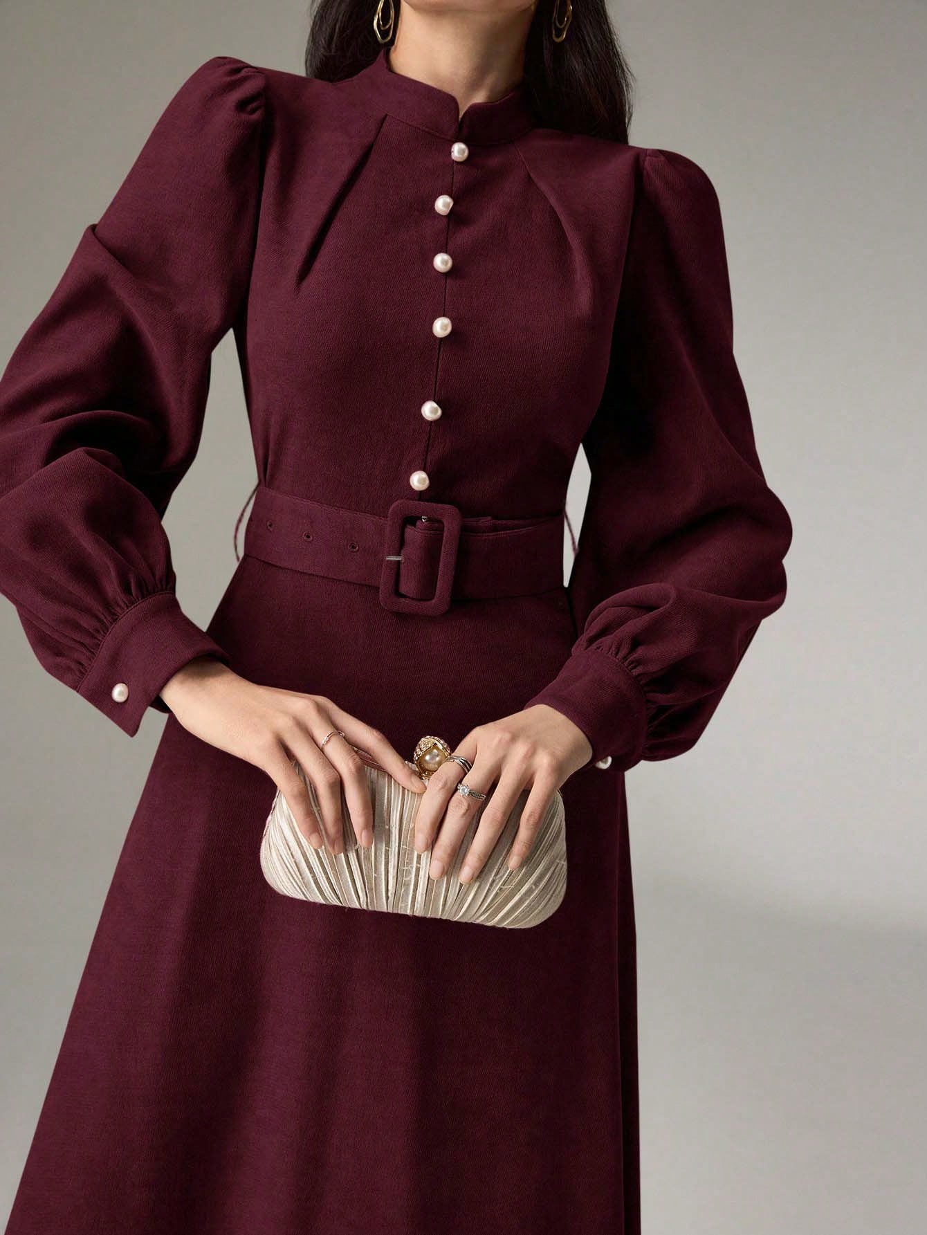 فستان أنيق باللون البرجندي للنساء مع أكمام فانوس و...