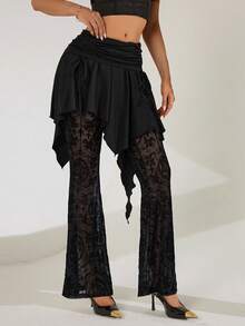 Franclia Pantalones de encaje con cintura con cordón, bajo asimétrico y pierna acampanada, adelgazantes, para Halloween, fiestas y vacaciones - Negro - Ver 4