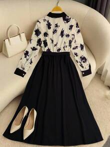 GlowEve 女士优雅长款秋季梭织印花连衣裙 - 黑色 - 查看 2