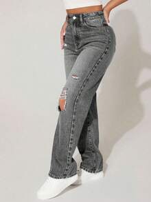 SHEIN PETITE Women's Distressed Denim Jeans, Fashion Summer Pants ,Petite Women - Light Grey - View 5
