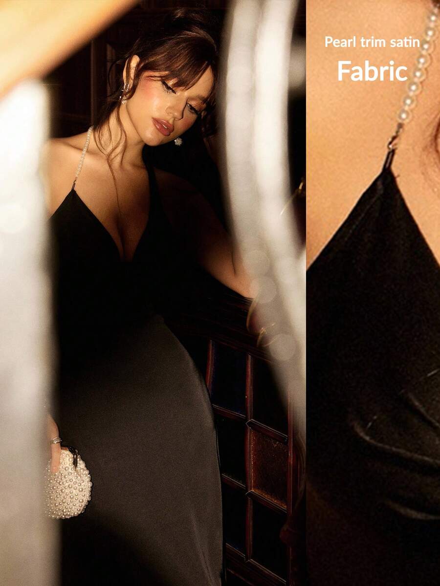 Glamine Charm 珍珠链拼接低胸露背黑色连衣裙，优雅浪漫，适合派对、婚礼 - 黑色 - 查看 1