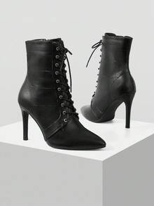 Mnmlis Giày bốt cao gót buộc dây họa tiết da cá sấu mũi nhọn cho nữ, màu đen, chất liệu da giả thanh lịch thời trang, phù hợp cho đi làm hàng ngày, hẹn hò, Halloween, Giáng sinh - màu đen - Xem 5