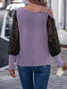 SHEIN LUNE 女款撞色蕾絲拼接不對稱領長袖時尚上衣 - 紫色 - 查看 2