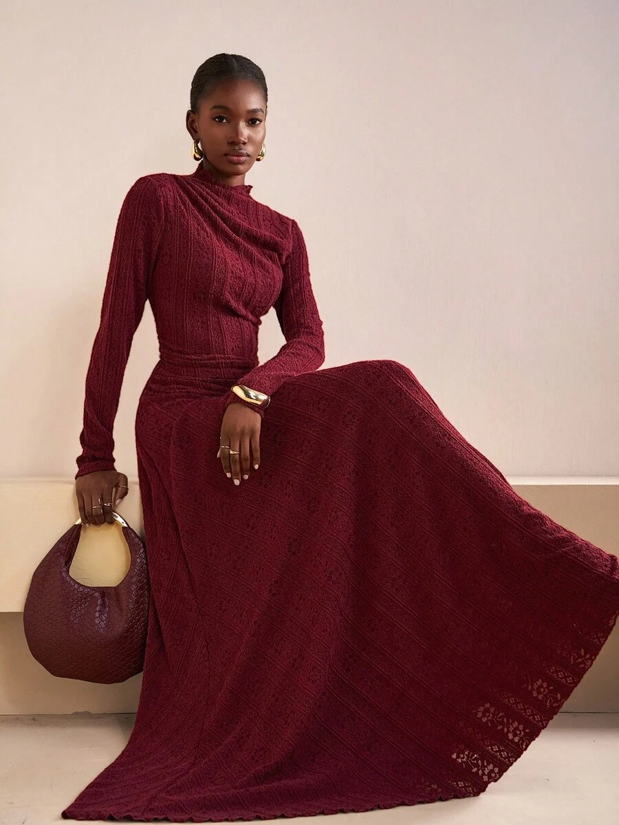 Zivah New Autumn And Winter Elegant Party, Luxurious And Noble Daily Date, Birthday Banquet, Sexy And High-End Party, Nightclub Style, Wedding Season Guest Dress, Music Festival Carnival Season Wedding Guest Formal Dress, Bride Dress, Small Round Neck, Stand-Up Neck, Long Sleeve, Shoulder Pleated, Waist Pleated, A Swing Skirt, Umbrella Skirt, Slimming Long Dress, Wine Red Lace Vertical Pattern Flower Texture Fabric, Women's Super Long Dress -A Burgundy Maxi Dress Long Sleeve Knit Maxi Dress Long Sleeve Maxi Dresses Burgundy Dress For Women Red Maxi Dress Women - Burgundy - View 1