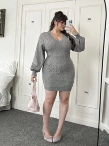 SHEIN EZwear 大尺碼時尚深V領修身針織洋裝，灰色秋冬款 - 灰色 - 查看 4