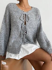 Aloruh Minimalist Casual Solid Color Ribbed Knit Front Tie Raglan Sleeve Cardigan In Fall/Winter - Grey - View 7