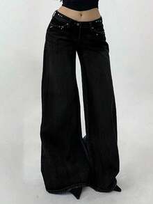 DAZY Women's Fashion Washed Low Waist Wide Leg Jeans - Black - View 2