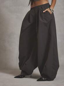 MUSERA 弹力腰尼龙灯笼裤，酷女孩街头风日常秋冬学院风Y2K 1997秋季款 - 深灰色 - 查看 3