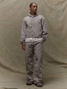 Musero Men Boxy Fit Oversized Long Sleeve Nylon Hooded Jacket Bungee Cord Hidden Placket Fastening Fall SUMMER SPRING - Grey - View 3