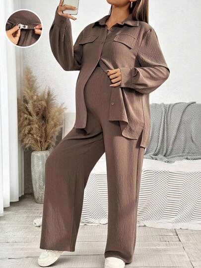 SHEIN 2pcs Maternity Set: Solid Color Long Sleeve Button-Up Shirt And Adjustable Waist Pants, Casual