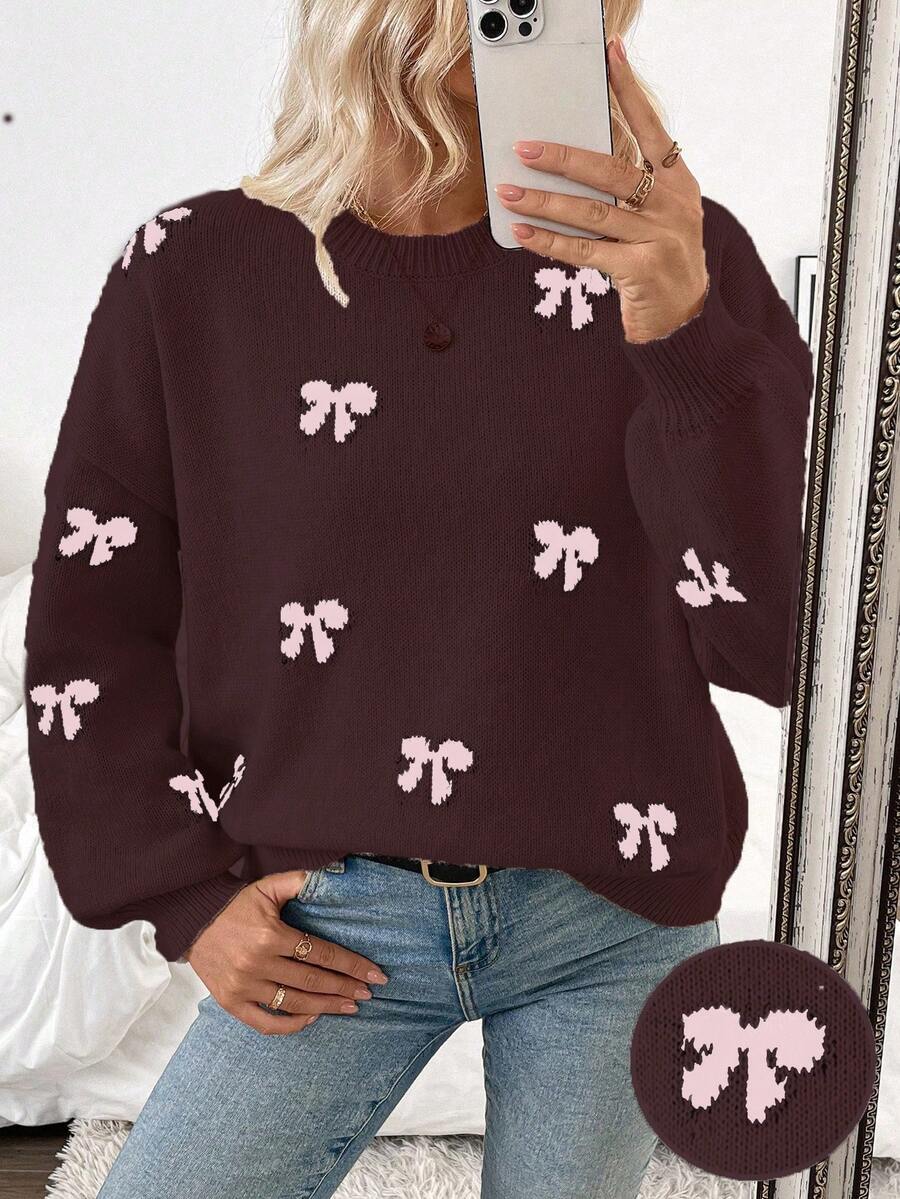 SHEIN LUNE 2025秋冬新款时尚博主同款蝴蝶结设计休闲套头毛衣 - 彩色 - 查看 1