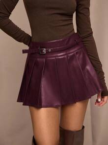 SHEIN BAE Váy ngắn xếp ly thiết kế khóa thắt lưng màu trơn cho nữ - Màu Tím - Xem 5