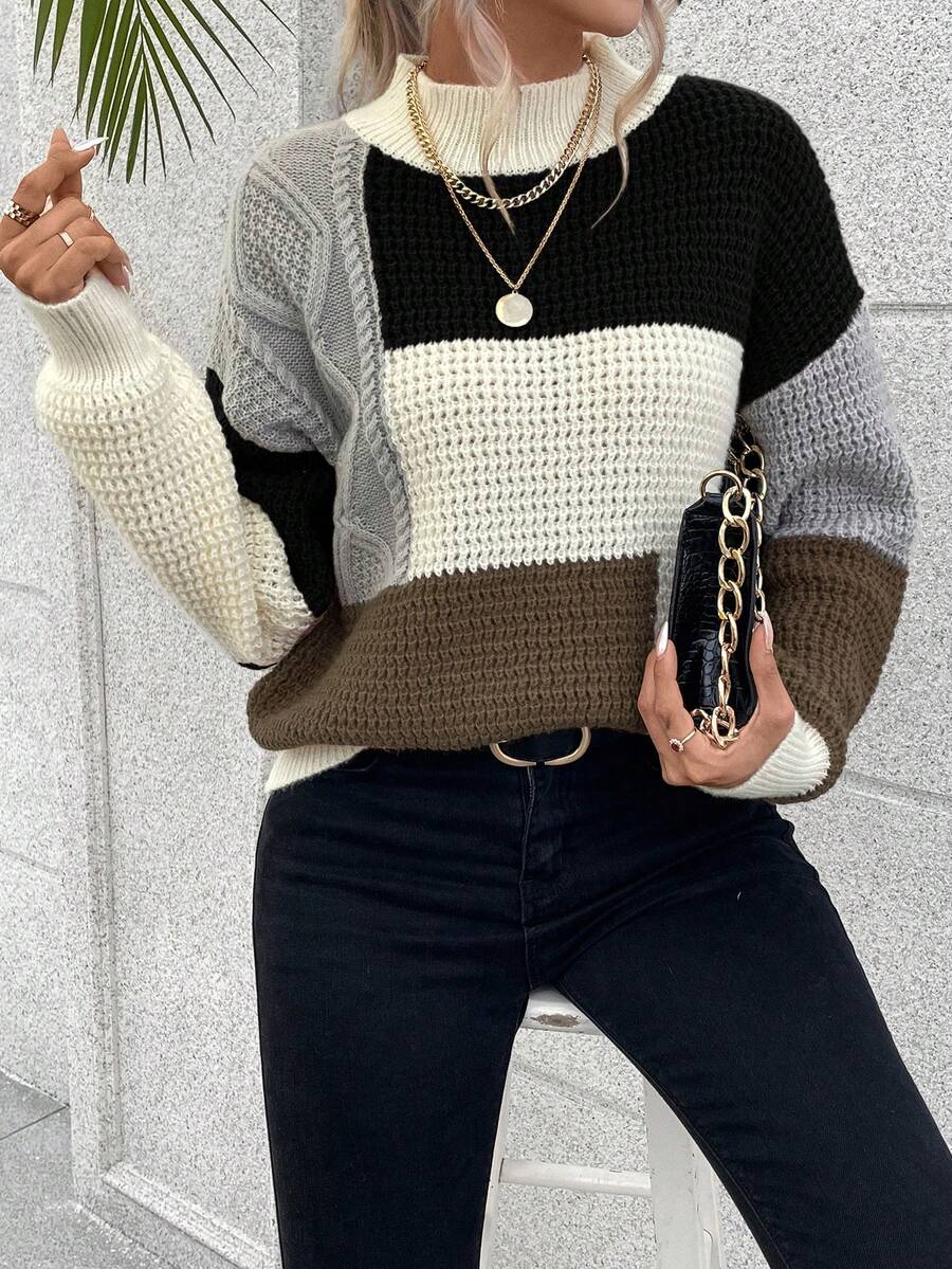 EMERY ROSE Casual Color Block Drop Shoulder Stand Collar Sweater, Autumn/Winter - Multicolor - View 1