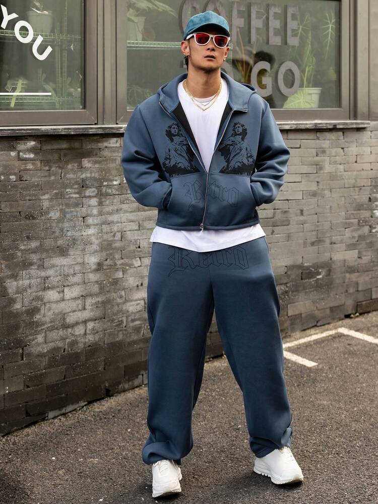 Gothic Letter Print Zip-Up Hoodie Set, Navy Blue For Men, Autumn