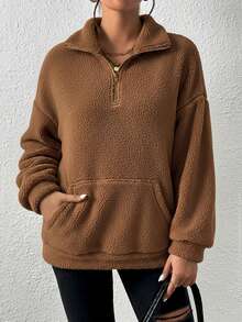 SHEIN EZwear Áo nỉ chui đầu dài tay màu nâu sô cô la có khóa kéo nửa đầu dành cho nữ, dáng rộng, Thu/Đông, Áo dài tay, Lễ tốt nghiệp, Trở lại trường, Lễ tốt nghiệp, Trang phục giáo viên, Trở lại trường, Mùa thu, Giáng sinh - Màu nâu Sô-cô-la - Xem 5
