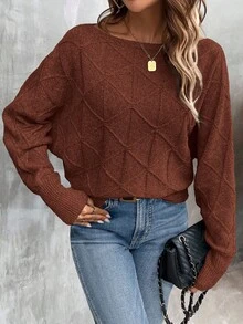 EMERY ROSE Women's Casual Solid Color Crew Neck Pullover Sweater - Rust Brown - View 3