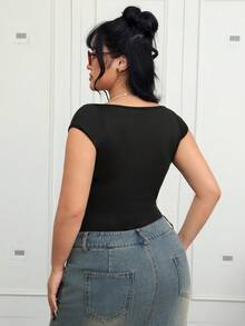 CovetEZ 大码黑色宽肩带甜心领罗纹针织女式紧身衣，夏季