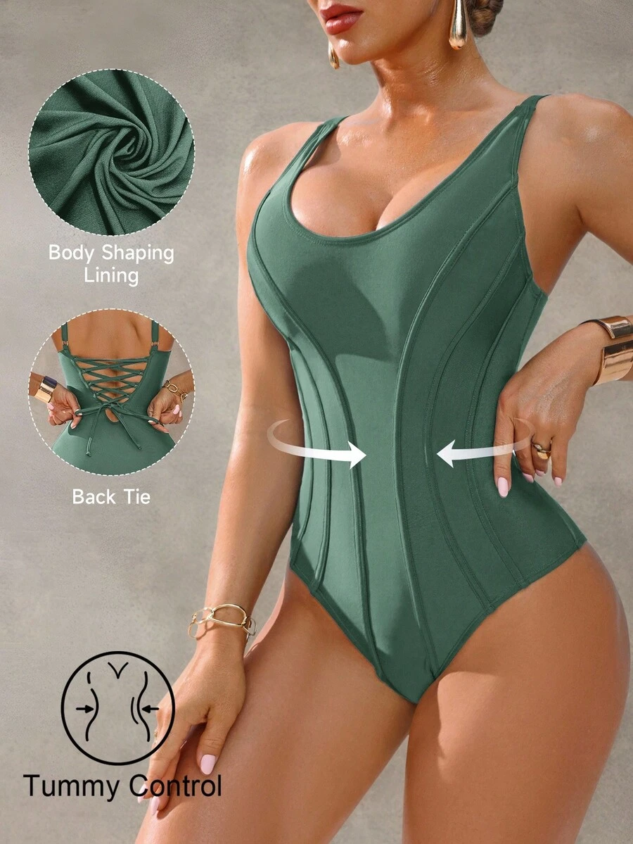 Shapewave Damen Figurformender Push-Up Badeanzug, Grün, elegant-lässig für Frühlings-/Sommerurlaub, Strand, Party, Musikfestival