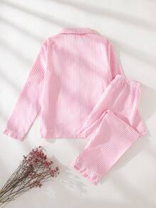 SHEIN 2 件女童条纹长袖上衣和休闲裤家居服套装，条纹开衫，3D 花卉装饰，秋冬 - 粉色 - 查看 2
