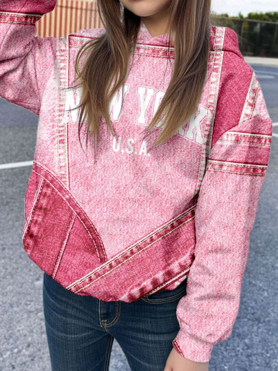 SHEIN EZwear 紫红色街头拼布城市文字“NEW YORK”图案印花卫衣,适合秋冬季穿着 - 彩色 - 查看 1