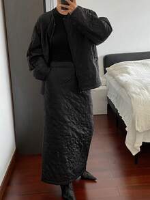 Livesso Ensemble veste matelassée ample et jupe évasée pour femmes, style casual business, épais pour l'automne et l'hiver - Noir - Voir 6