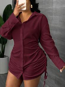 Slaydiva New Elegant And Sexy Daily Date Long-Sleeved Lapel Drawstring Gathered Shirt Skirt On Both Sides Mini Mini Skirt White Women's Mini Dress-Z - Burgundy - View 8