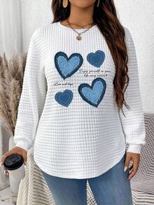 EMERY ROSE Heart Print Round Neck Plaid Texture Casual Sweatshirt, Fall/Winter - Multicolor - View 5