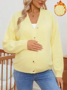SHEIN Women Loose Fit Solid Color Button Front Short Knit Cardigan, Suitable For Pregnant Women, Autumn/Winter - Yellow - View 1