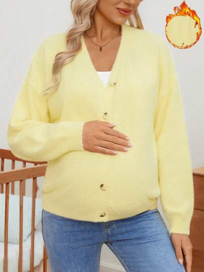 SHEIN Women Loose Fit Solid Color Button Front Short Knit Cardigan, Suitable For Pregnant Women, Autumn/Winter