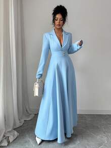 Selianne Robe longue élégante bleu avec ceinture à la taille pour femmes, convient pour les rendez-vous, les événements sociaux et les sorties en automne - Bleu azur - Voir 4
