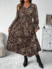 Elenzga 大码女式秋冬时尚休闲 V 领碎花长款束腰连衣裙，修身廓形长款女装 - 彩色 - 查看 7